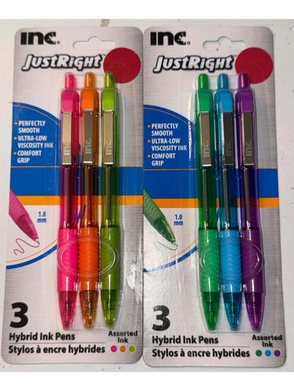 Inc Just Right Hybrid Pens 2 packs of 3 assorted color ink JustRight 1.0mm NEW